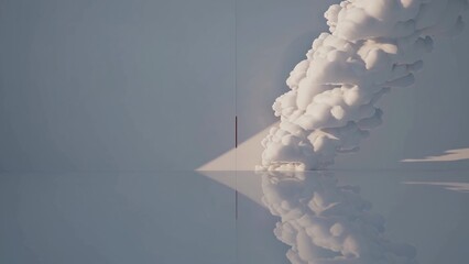Poster - white smoke column is filling an empty room with reflective floor and a thin vertical line casting a