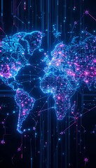 Poster - World Map Global Network Digital Connections with Glowing Nodes and Lines
