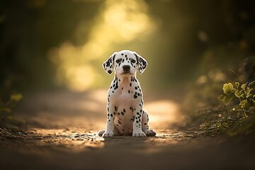 Wall Mural - Adorable Dalmatian puppy sitting on a dirt path in a forest, backlit by golden sunlight.