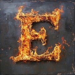 Poster - Burning letter e flames consuming wood on metal background with copy space