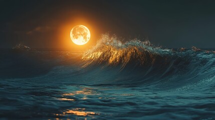 Wall Mural - Orange Moon Illuminates Ocean Wave at Night