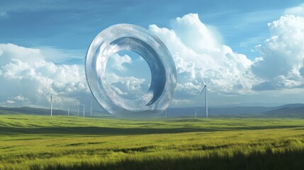 Wall Mural - Futuristic Ring Hovers Over Green Field With Wind Turbines