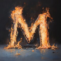 Aufkleber - Bright orange and yellow flames burning the letter m in a dark background painting