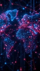 Poster - Digital World Map Network with Connected Dots and Lines Background