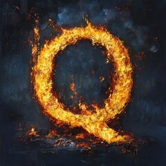 Aufkleber - Oil painting of a fiery yellow and orange letter q against a dark background