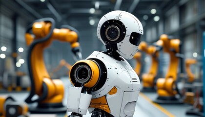 Poster - Robotic arm operation in industrial facility technology machinery indoor side view automation innovations