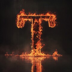Aufkleber - Blazing letter t is reflected in water against a dark background