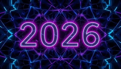 Poster - Glowing Neon 2026 Sign with Abstract Blue and Purple Background