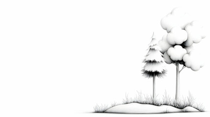 Simple 3D sketch trees, grass, white background. Ideal for website banners
