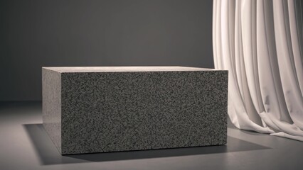 Poster - Empty granite cube podium providing a sleek platform for product display, complemented by a flowing white curtain, creating an elegant and minimalist presentation space