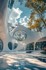 Aufkleber - Modern organic shaped building with round windows reflecting sunlight on a sunny day with blue sky and white clouds