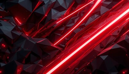 Poster - Abstract Black Geometric Shapes with Glowing Red Lines Background Art