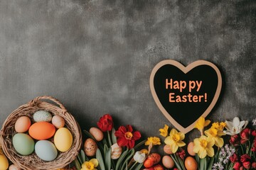 Sticker - Easter celebration with colorful eggs, flowers, and a chalkboard greeting, symbolizing joy and spring festivities Bright and cheerful atmosphere for holiday themes