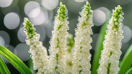 Wall Mural - Dewy white flowers, close-up, garden bokeh background, nature photography