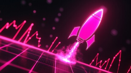 Leinwandbilder - Pink neon rocket taking off over a graph, suggesting startup, growth and investment