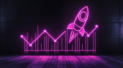 Leinwandbilder - Neon pink rocket ship soars upward along the path of a growth chart