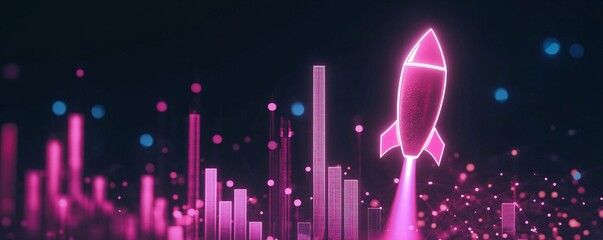 Leinwandbilder - Pink neon rocket launching above a digital cityscape representing startup business growth