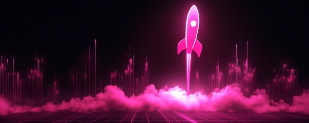 Poster - Neon rocket is taking off from a futuristic city, with pink clouds and a grid on the ground