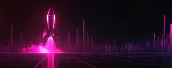 Aufkleber - Neon pink rocket launches from a glowing platform against a digital city backdrop