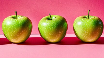 Poster - Three green apples on pink background, healthy food concept, website banner