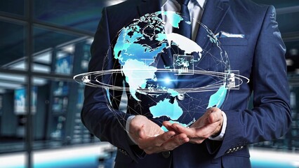 Poster - businessman presenting a holographic projection of the world with data analysis, symbolizing global 