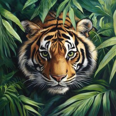 Aufkleber - Majestic tiger portrait with intense gaze amidst lush green foliage in a serene jungle setting. Generative AI