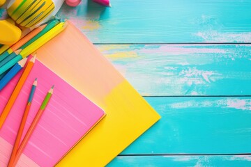 Poster - Colorful notebook and pencils on a bright wooden desk with spacious background for creative writing and note taking activities. Generative AI