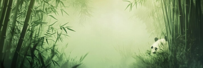 Fototapete - Panda relaxing in a bamboo forest with soft mist creating a serene atmosphere perfect for contemplation. Generative AI