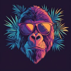 Wall Mural - Gorilla in sunglasses, tropical foliage background, trendy art print, poster design