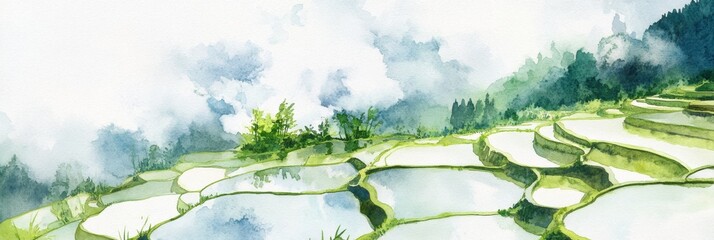 Poster - Vibrant hand painted watercolor of flooded rice terraces reflecting lush green hills. Generative AI