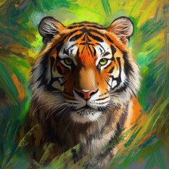 Aufkleber - Vibrant impressionist tiger portrait amidst lush jungle foliage with ample space for lettering or captions. Generative AI