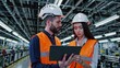 © flashmovie - Two industrial engineers wearing safety vests and helmets are using a digital tablet, discussing production processes and machinery operation in a modern factory