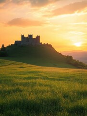 Poster - Medieval castle on a green hill under a vibrant sunset sky creates a stunning landscape view in a peaceful setting. Generative AI