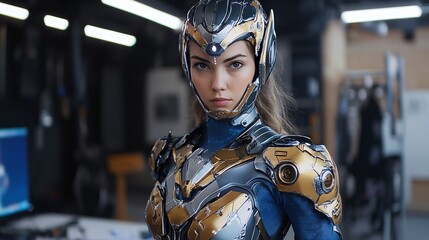 Poster - Woman in a futuristic protective suit poses with a serious expression in a laboratory