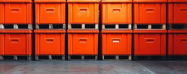 Poster - Many orange plastic crates are stacked on wooden pallets in a distribution warehouse