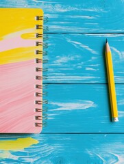Poster - Open notebook with colorful design and a pencil on a bright wooden desk with ample space for creative writing. Generative AI