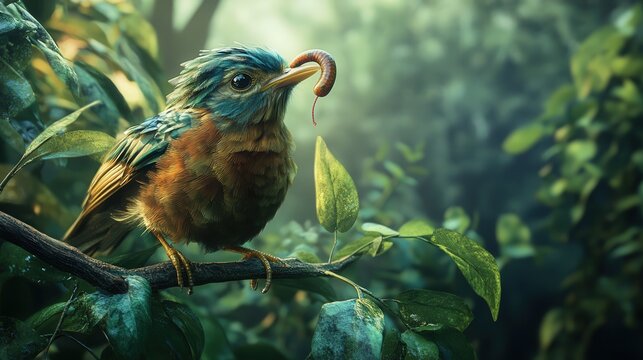 bird holding a worm on a branch, the intricate feather details and surrounding greenery creating a harmonious scene.