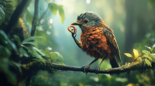 bird holding a worm on a branch, the intricate feather details and surrounding greenery creating a harmonious scene.