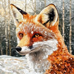 Fototapete - Intricate mosaic fox portrait set against a snowy forest backdrop with delicate tessellated patterns. Generative AI