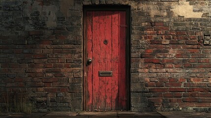 Poster - fire exit door situated in an old, historic building, where the door worn appearance stands