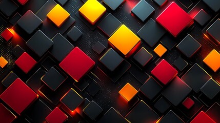 Wall Mural - Abstract red, orange, black cubes digital art background.