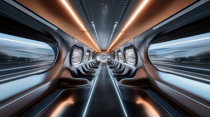 Poster - futuristic empty train, its metallic interior gleaming under artificial light.