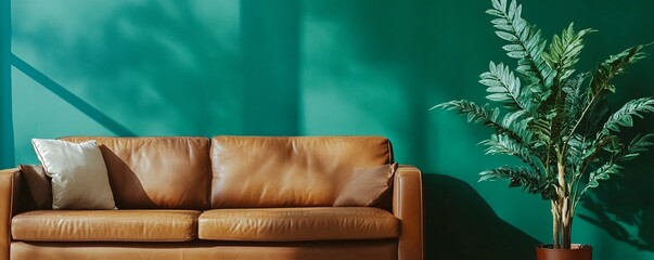 Poster - Modern living room bathed in sunlight with a leather couch and a green wall