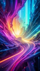 Poster - Abstract Cityscape with Flowing Light Trails and Vibrant Neon Colors