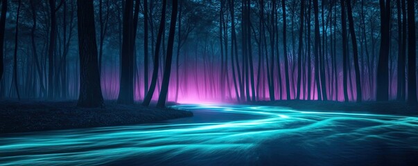 Poster - Glow forest idea. A mystical forest with glowing river and enchanting colors in an ethereal atmosphere.