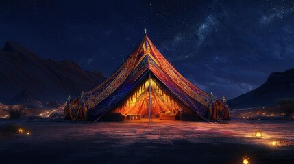 Wall Mural - large indian tent illuminated at night, casting a warm glow on the surrounding desert landscape, wit