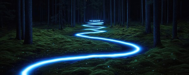 Poster - Glow forest idea. A glowing blue path winds through a dark forest, illuminating the serene surroundings.