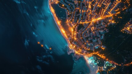 Poster - lively coastal city from above, captured at night, where the lights from the city shine brightly against the black sea