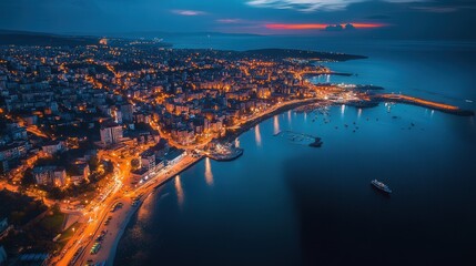 Poster - lively coastal city from above, captured at night, where the lights from the city shine brightly against the black sea
