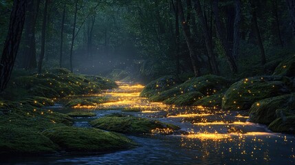 Poster - Glow forest idea. A serene forest scene showcasing a glowing stream illuminated by soft light.